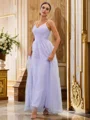 A-Line/Princess Tulle Applique V-neck Sleeveless Floor-Length Bridesmaid Dresses