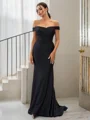 Sheath/Column Jersey Ruched Off-the-Shoulder Sleeveless Sweep Train Bridesmaid Dresses