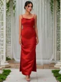 Sheath/Column Satin Ruched Spaghetti Straps Sleeveless Ankle-Length Bridesmaid Dresses