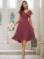 A-Line/Princess Chiffon Ruffles V-neck Short Sleeves Asymmetrical Bridesmaid Dresses