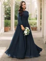 A-Line/Princess 30D Chiffon Ruffles Scoop Long Sleeves Floor-Length Bridesmaid Dresses
