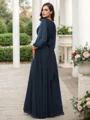 A-Line/Princess 30D Chiffon Ruffles Scoop Long Sleeves Floor-Length Bridesmaid Dresses