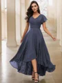 A-Line/Princess Chiffon Lace V-neck Short Sleeves Asymmetrical Bridesmaid Dresses