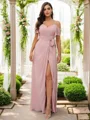 A-Line/Princess Chiffon Ruched V-neck Short Sleeves Floor-Length Bridesmaid Dresses