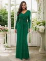Sheath/Column Jersey Ruched V-neck Long Sleeves Floor-Length Bridesmaid Dresses