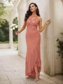 Sheath/Column Chiffon Lace Halter Sleeveless Asymmetrical Bridesmaid Dresses