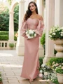 Sheath/Column Silk like Satin Ruched Off-the-Shoulder Long Sleeves Floor-Length Bridesmaid Dresses