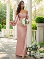 Sheath/Column Silk like Satin Ruched Off-the-Shoulder Long Sleeves Floor-Length Bridesmaid Dresses