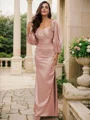 Sheath/Column Silk like Satin Ruched Off-the-Shoulder Long Sleeves Floor-Length Bridesmaid Dresses