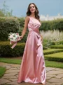 Sheath/Column Silk Like Satin Ruched One-Shoulder Sleeveless Floor-Length Bridesmaid Dresses