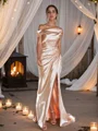 Sheath/Column Silk Like Satin Ruched Off-The-Shoulder Sleeveless Sweep Train Bridesmaid Dresses