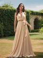 A-Line/Princess Jersey Bowknot Halter Sleeveless Sweep Train Two Piece Bridesmaid Dresses