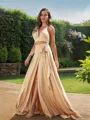 A-Line/Princess Jersey Bowknot Halter Sleeveless Sweep Train Two Piece Bridesmaid Dresses