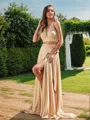 A-Line/Princess Jersey Bowknot Halter Sleeveless Sweep Train Two Piece Bridesmaid Dresses