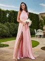 A-Line/Princess Jersey Ruched Halter Sleeveless Floor-Length Bridesmaid Dresses