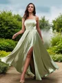 A-Line/Princess Silk Like Satin Ruffles Straps Sleeveless Floor-Length Bridesmaid Dresses