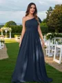 A-Line/Princess Chiffon Ruched One-Shoulder Short Sleeves Floor-Length Bridesmaid Dresses