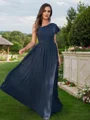 A-Line/Princess Chiffon Ruched One-Shoulder Short Sleeves Floor-Length Bridesmaid Dresses