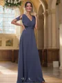 A-Line/Princess Chiffon Ruffles V-neck Short Sleeves Floor-Length Bridesmaid Dresses