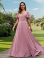 A-Line/Princess Chiffon Sash/Ribbon/Belt V-neck Short Sleeves Floor-Length Bridesmaid Dresses