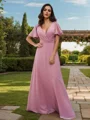 A-Line/Princess Chiffon Sash/Ribbon/Belt V-neck Short Sleeves Floor-Length Bridesmaid Dresses