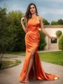 Sheath/Column Silk like Satin Ruched One-Shoulder Sleeveless Sweep Train Bridesmaid Dresses
