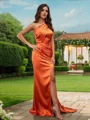 Sheath/Column Silk like Satin Ruched One-Shoulder Sleeveless Sweep Train Bridesmaid Dresses