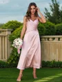 A-Line/Princess Silk like Satin Ruched V-neck Sleeveless Ankle-Length Bridesmaid Dresses