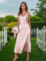 A-Line/Princess Silk like Satin Ruched V-neck Sleeveless Ankle-Length Bridesmaid Dresses