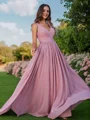 A-Line/Princess Chiffon Ruched V-neck Sleeveless Sweep Train Bridesmaid Dresses