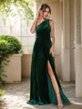 A-Line/Princess Velvet One-Shoulder Sleeveless Sweep Train Bridesmaid Dresses