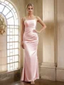 Sheath/Column Silk like Satin Ruched Spaghetti Straps Sleeveless Floor-Length Bridesmaid Dresses