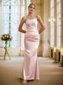 Sheath/Column Silk like Satin Ruched Spaghetti Straps Sleeveless Floor-Length Bridesmaid Dresses