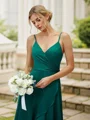 A-Line/Princess Satin Chiffon Ruched V-neck Sleeveless Asymmetrical Bridesmaid Dresses
