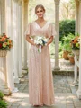 A-Line/Princess Ruched V-neck Short Sleeves Floor-Length Bridesmaid Dresses