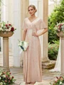 A-Line/Princess Ruched V-neck Short Sleeves Floor-Length Bridesmaid Dresses