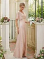 A-Line/Princess Ruched V-neck Short Sleeves Floor-Length Bridesmaid Dresses