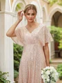 A-Line/Princess Ruched V-neck Short Sleeves Floor-Length Bridesmaid Dresses