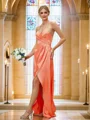 A-Line/Princess Silk Like Satin Ruched V-neck Sleeveless Asymmetrical Bridesmaid Dresses
