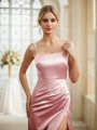 Sheath/Column Silk Like Satin Ruched Spaghetti Straps Sleeveless Floor-Length Bridesmaid Dresses