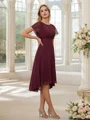 A-Line/Princess Chiffon Ruched Scoop Short Sleeves Asymmetrical Bridesmaid Dresses