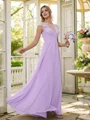 A-Line/Princess Chiffon Applique Scoop Short Sleeves Floor-Length Bridesmaid Dresses