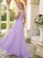 A-Line/Princess Chiffon Applique Scoop Short Sleeves Floor-Length Bridesmaid Dresses