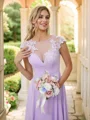 A-Line/Princess Chiffon Applique Scoop Short Sleeves Floor-Length Bridesmaid Dresses