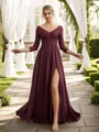 A-Line/Princess Chiffon Lace V-neck Long Sleeves Floor-Length Bridesmaid Dresses