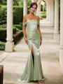 Sheath/Column Silk Like Satin Ruched Off-the-Shoulder Sleeveless Sweep/Brush Train Bridesmaid Dresses
