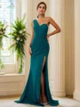 Sheath/Column Chiffon Ruched One-Shoulder Sleeveless Sweep/Brush Train Bridesmaid Dresses