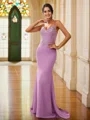 Sheath/Column Chiffon Applique V-neck Sleeveless Sweep/Brush Train Bridesmaid Dresses