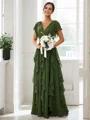 A-Line/Princess Chiffon Ruffles V-neck Short Sleeves Floor-Length Bridesmaid Dresses