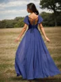 A-Line/Princess Chiffon Square Short Sleeves Floor-Length Bridesmaid Dresses